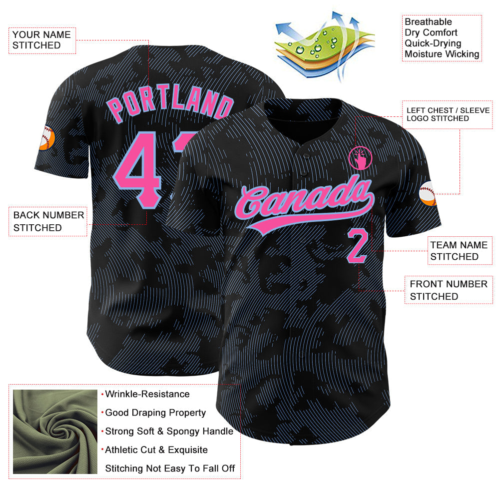 Custom Black Pink-Light Blue 3D Pattern Design Curve Lines Authentic Baseball Jersey - Sky-Custom
