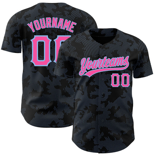 Custom Black Pink-Light Blue 3D Pattern Design Curve Lines Authentic Baseball Jersey - Sky-Custom