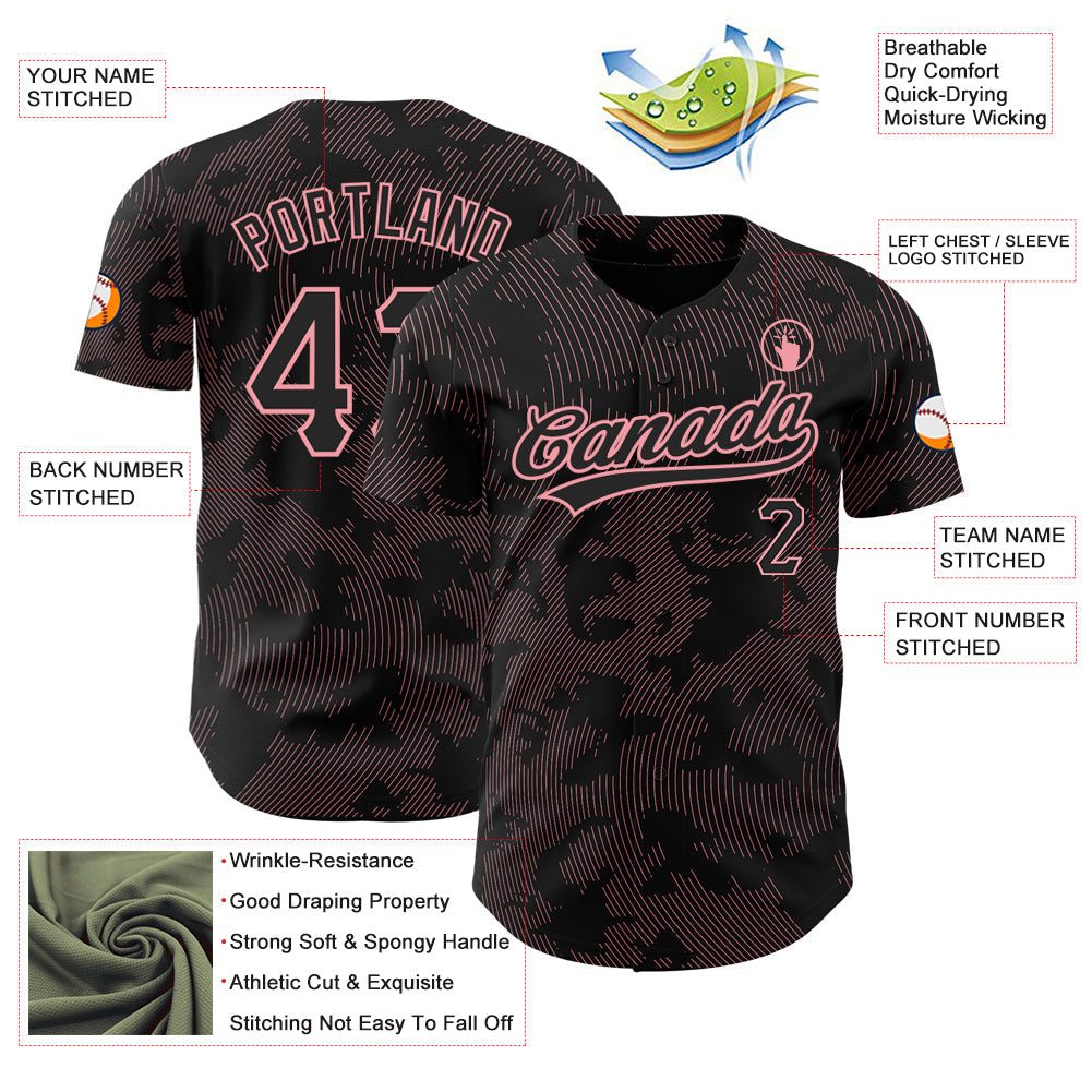 Custom Black Medium Pink 3D Pattern Design Curve Lines Authentic Baseball Jersey - Sky-Custom