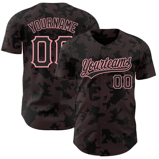 Custom Black Medium Pink 3D Pattern Design Curve Lines Authentic Baseball Jersey - Sky-Custom