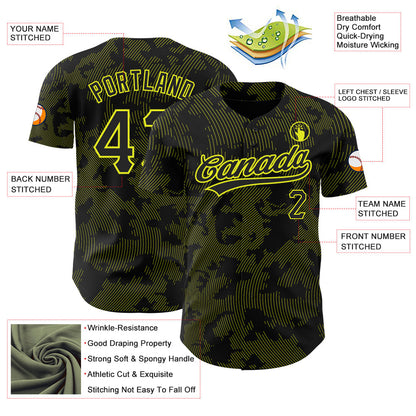 Custom Black Neon Yellow 3D Pattern Design Curve Lines Authentic Baseball Jersey - Sky-Custom