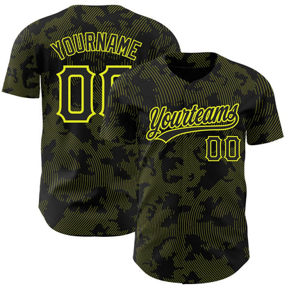 Custom Black Neon Yellow 3D Pattern Design Curve Lines Authentic Baseball Jersey - Sky-Custom