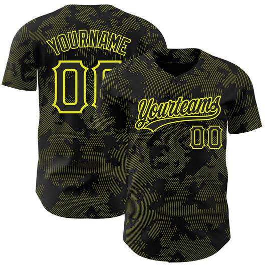 Custom Black Neon Yellow 3D Pattern Design Curve Lines Authentic Baseball Jersey - Sky-Custom