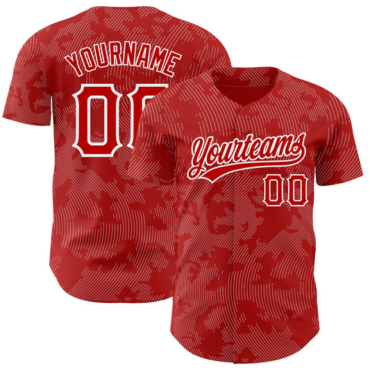 Custom Red White 3D Pattern Design Curve Lines Authentic Baseball Jersey - Sky-Custom