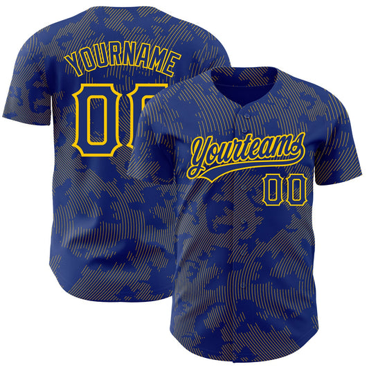 Custom Royal Yellow 3D Pattern Design Curve Lines Authentic Baseball Jersey - Sky-Custom