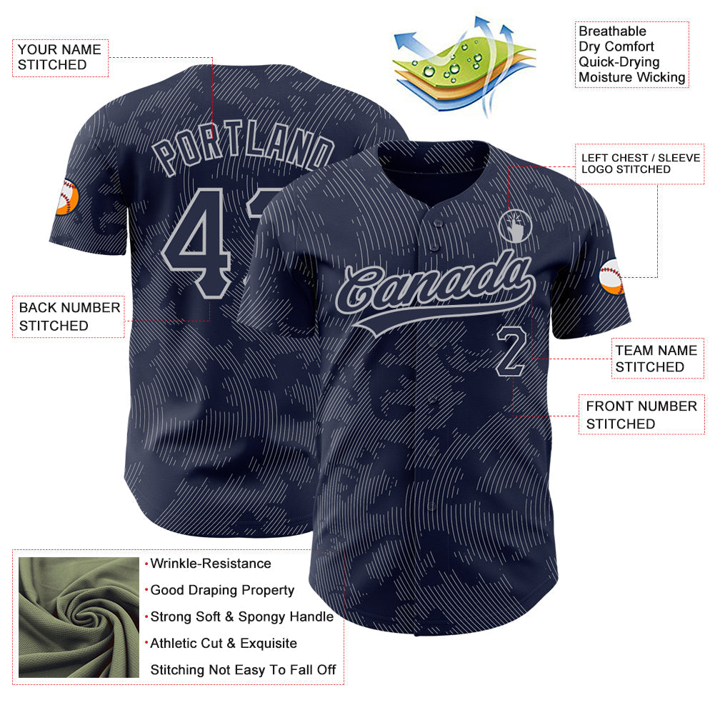 Custom Navy Gray 3D Pattern Design Curve Lines Authentic Baseball Jersey - Sky-Custom