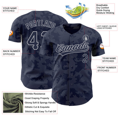 Custom Navy Gray 3D Pattern Design Curve Lines Authentic Baseball Jersey - Sky-Custom