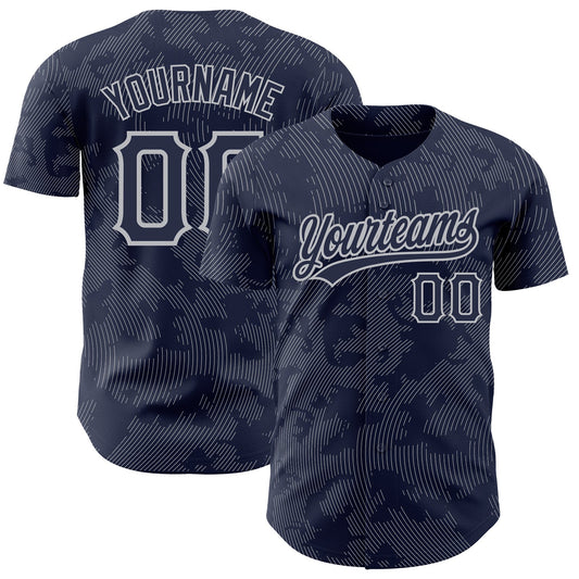 Custom Navy Gray 3D Pattern Design Curve Lines Authentic Baseball Jersey - Sky-Custom