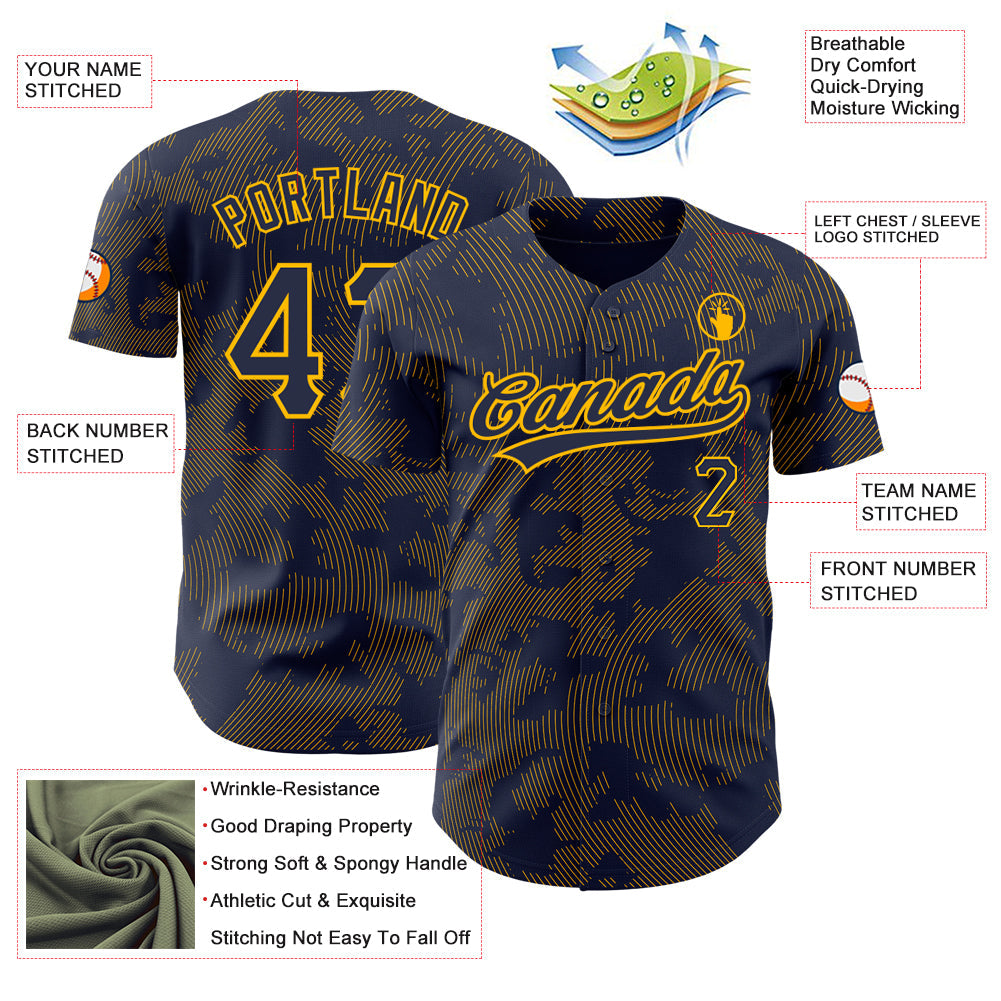 Custom Navy Gold 3D Pattern Design Curve Lines Authentic Baseball Jersey - Sky-Custom