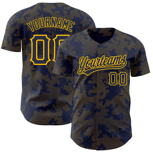Custom Navy Gold 3D Pattern Design Curve Lines Authentic Baseball Jersey - Sky-Custom