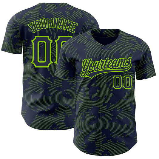 Custom Navy Neon Green 3D Pattern Design Curve Lines Authentic Baseball Jersey - Sky-Custom