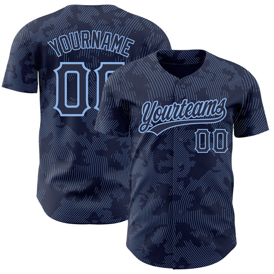 Custom Navy Light Blue 3D Pattern Design Curve Lines Authentic Baseball Jersey - Sky-Custom