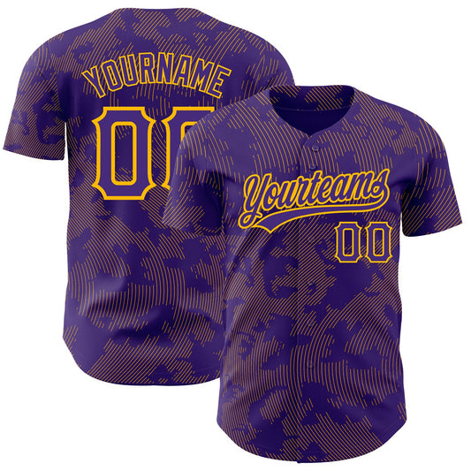 Custom Purple Gold 3D Pattern Design Curve Lines Authentic Baseball Jersey - Sky-Custom