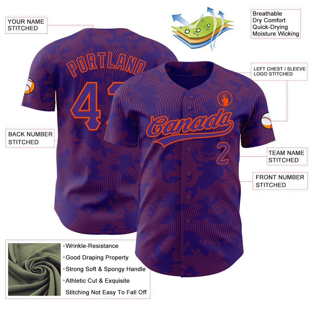 Custom Purple Orange 3D Pattern Design Curve Lines Authentic Baseball Jersey - Sky-Custom