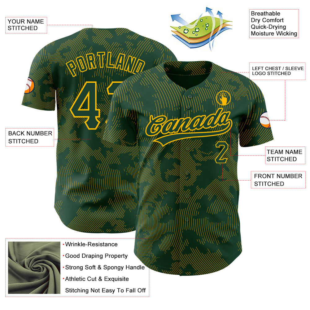 Custom Green Gold 3D Pattern Design Curve Lines Authentic Baseball Jersey - Sky-Custom