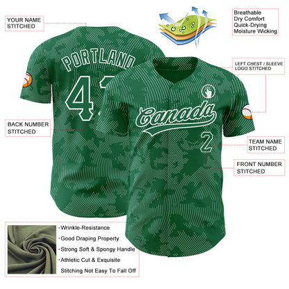 Custom Kelly Green White 3D Pattern Design Curve Lines Authentic Baseball Jersey - Sky-Custom
