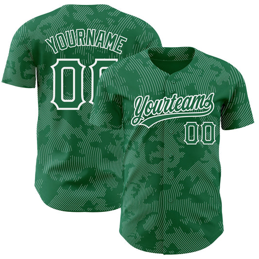 Custom Kelly Green White 3D Pattern Design Curve Lines Authentic Baseball Jersey - Sky-Custom