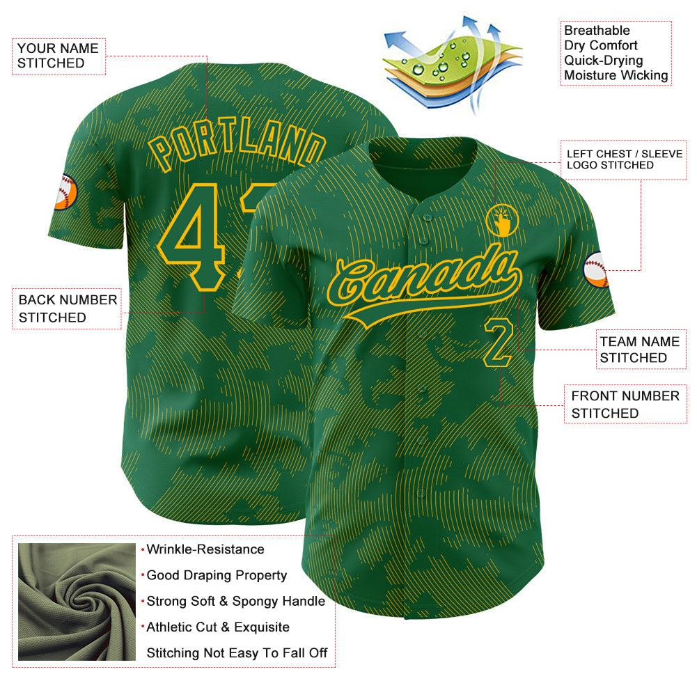 Custom Kelly Green Gold 3D Pattern Design Curve Lines Authentic Baseball Jersey - Sky-Custom