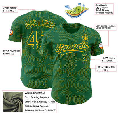 Custom Kelly Green Gold 3D Pattern Design Curve Lines Authentic Baseball Jersey - Sky-Custom