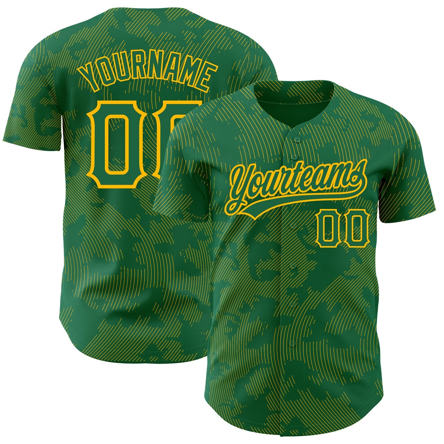 Custom Kelly Green Gold 3D Pattern Design Curve Lines Authentic Baseball Jersey - Sky-Custom