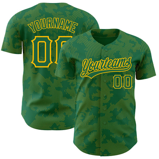 Custom Kelly Green Gold 3D Pattern Design Curve Lines Authentic Baseball Jersey - Sky-Custom