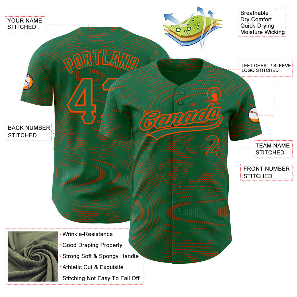Custom Kelly Green Orange 3D Pattern Design Curve Lines Authentic Baseball Jersey - Sky-Custom