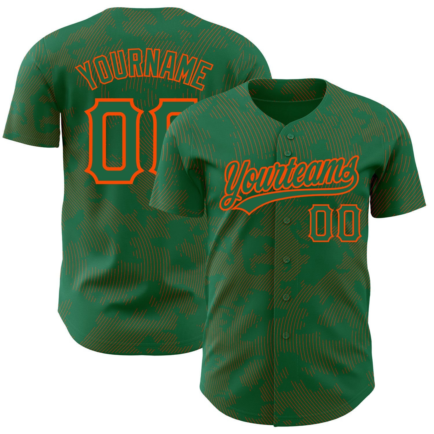 Custom Kelly Green Orange 3D Pattern Design Curve Lines Authentic Baseball Jersey - Sky-Custom