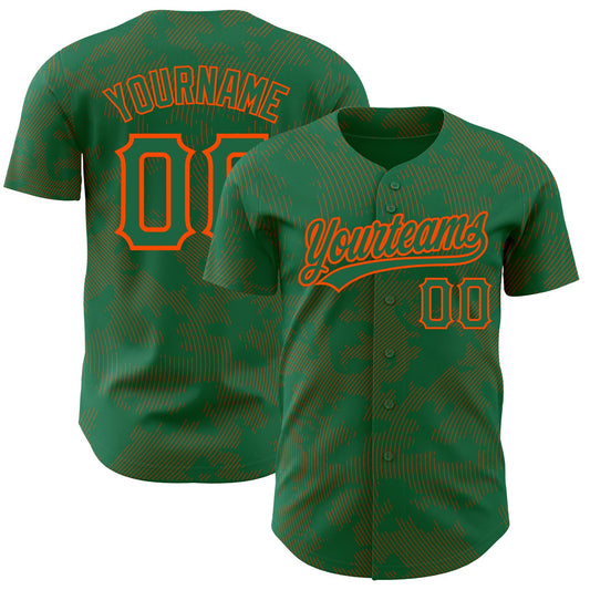 Custom Kelly Green Orange 3D Pattern Design Curve Lines Authentic Baseball Jersey - Sky-Custom