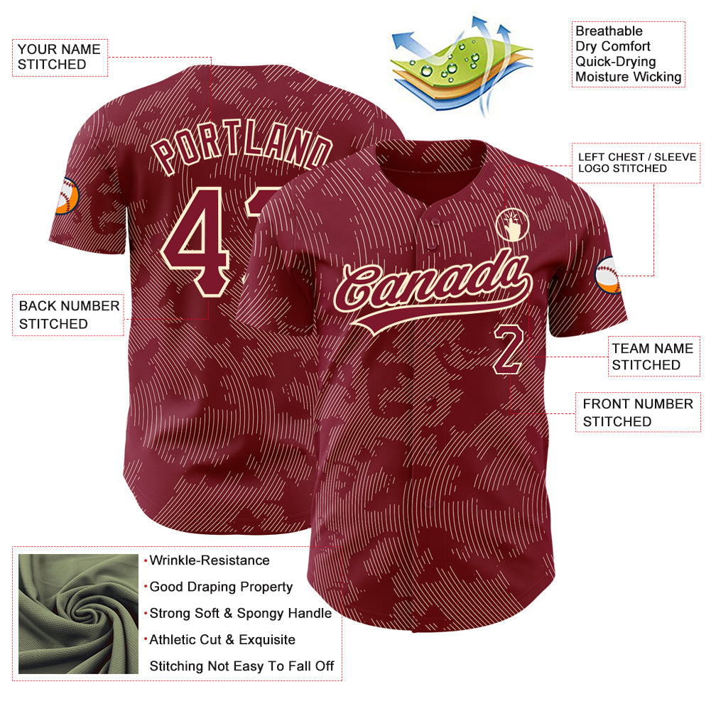 Custom Crimson Cream 3D Pattern Design Curve Lines Authentic Baseball Jersey - Sky-Custom