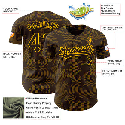 Custom Brown Gold 3D Pattern Design Curve Lines Authentic Baseball Jersey - Sky-Custom