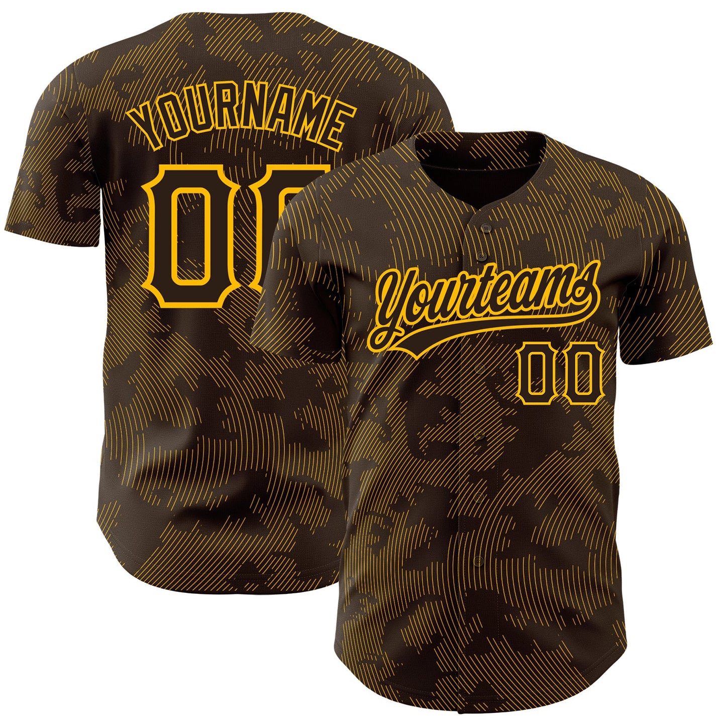 Custom Brown Gold 3D Pattern Design Curve Lines Authentic Baseball Jersey - Sky-Custom