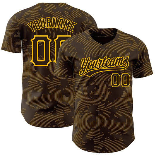 Custom Brown Gold 3D Pattern Design Curve Lines Authentic Baseball Jersey - Sky-Custom