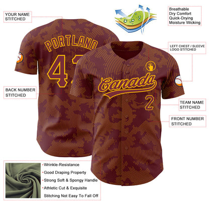Custom Burgundy Gold 3D Pattern Design Curve Lines Authentic Baseball Jersey - Sky-Custom