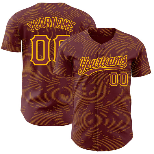 Custom Burgundy Gold 3D Pattern Design Curve Lines Authentic Baseball Jersey - Sky-Custom