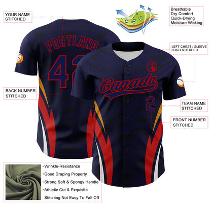 Custom Navy Red 3D Pattern Design Side Stripes Authentic Baseball Jersey - Sky-Custom