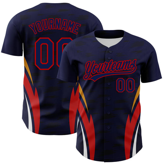 Custom Navy Red 3D Pattern Design Side Stripes Authentic Baseball Jersey - Sky-Custom