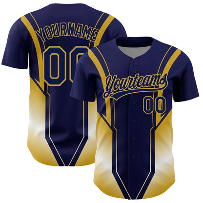 Custom Navy Old Gold 3D Pattern Design Side Stripes Authentic Baseball Jersey - Sky-Custom