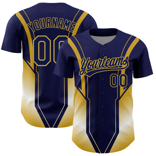 Custom Navy Old Gold 3D Pattern Design Side Stripes Authentic Baseball Jersey - Sky-Custom