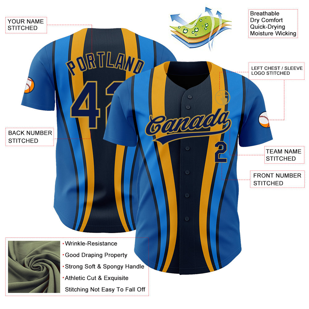 Custom Royal Navy-Old Gold 3D Pattern Design Side Stripes Authentic Baseball Jersey - Sky-Custom