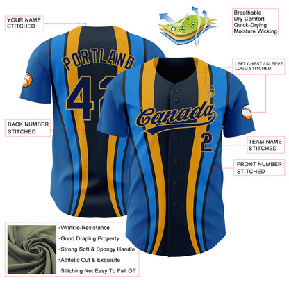 Custom Royal Navy-Old Gold 3D Pattern Design Side Stripes Authentic Baseball Jersey - Sky-Custom