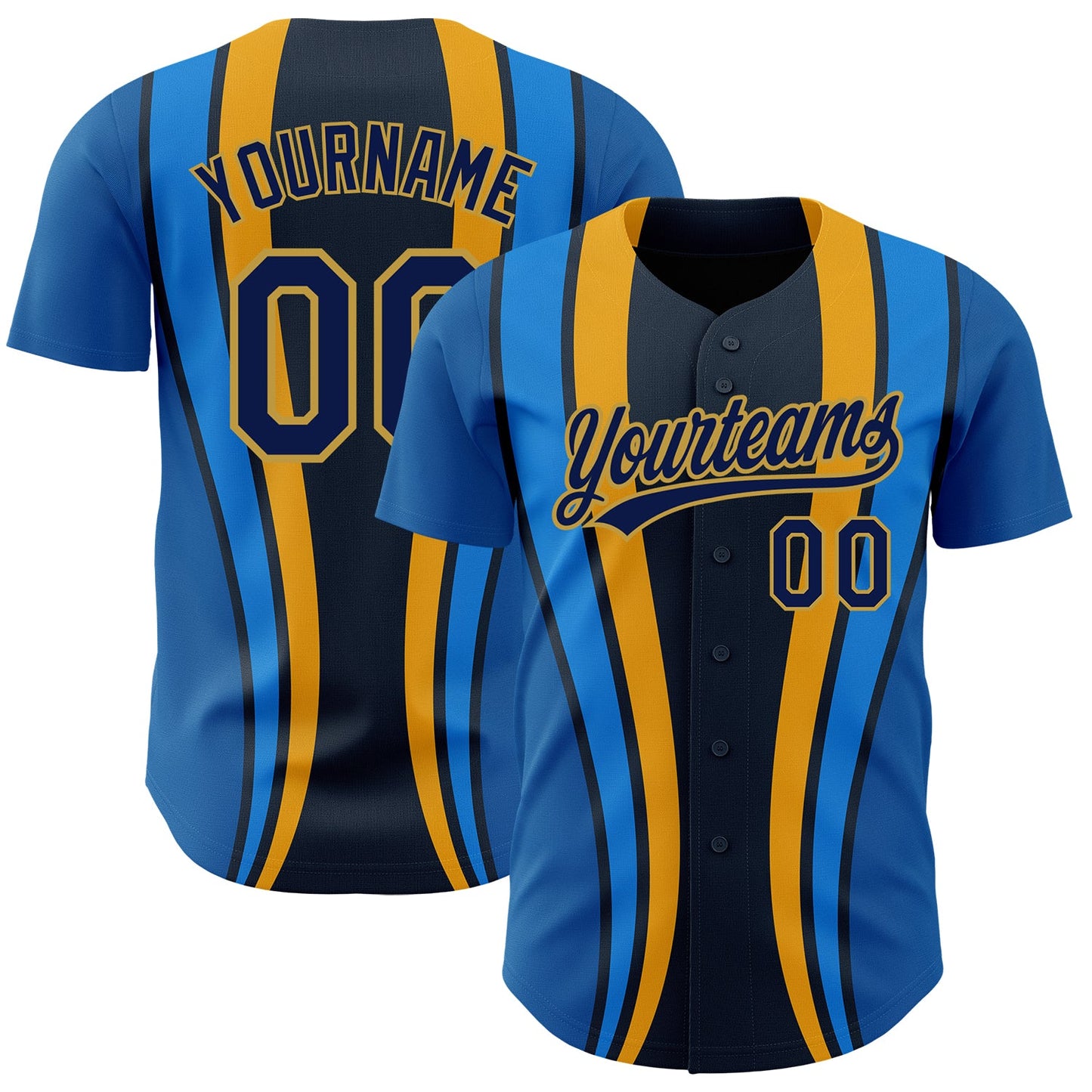 Custom Royal Navy-Old Gold 3D Pattern Design Side Stripes Authentic Baseball Jersey - Sky-Custom