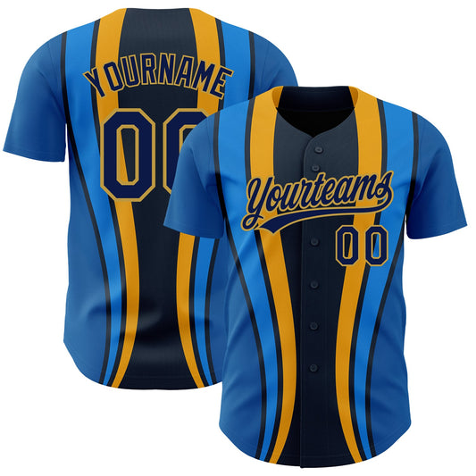 Custom Royal Navy-Old Gold 3D Pattern Design Side Stripes Authentic Baseball Jersey - Sky-Custom