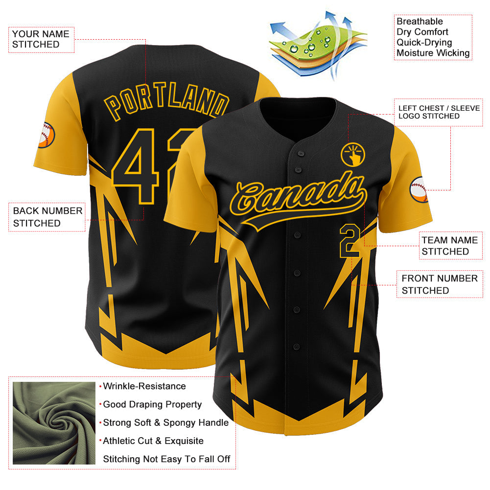 Custom Black Gold 3D Pattern Design Side Sharp Edges Authentic Baseball Jersey - Sky-Custom