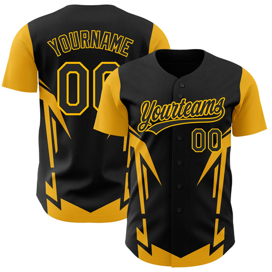 Custom Black Gold 3D Pattern Design Side Sharp Edges Authentic Baseball Jersey - Sky-Custom