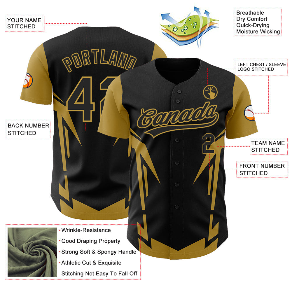 Custom Black Old Gold 3D Pattern Design Side Sharp Edges Authentic Baseball Jersey - Sky-Custom