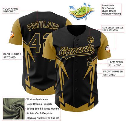 Custom Black Old Gold 3D Pattern Design Side Sharp Edges Authentic Baseball Jersey - Sky-Custom