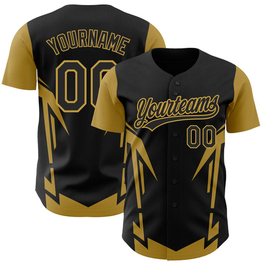 Custom Black Old Gold 3D Pattern Design Side Sharp Edges Authentic Baseball Jersey - Sky-Custom