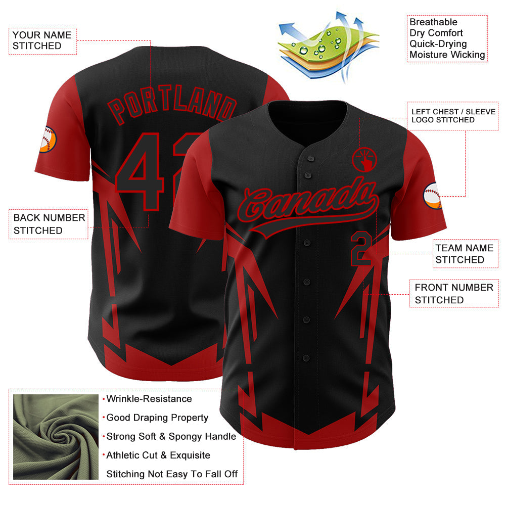 Custom Black Red 3D Pattern Design Side Sharp Edges Authentic Baseball Jersey - Sky-Custom