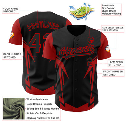 Custom Black Red 3D Pattern Design Side Sharp Edges Authentic Baseball Jersey - Sky-Custom