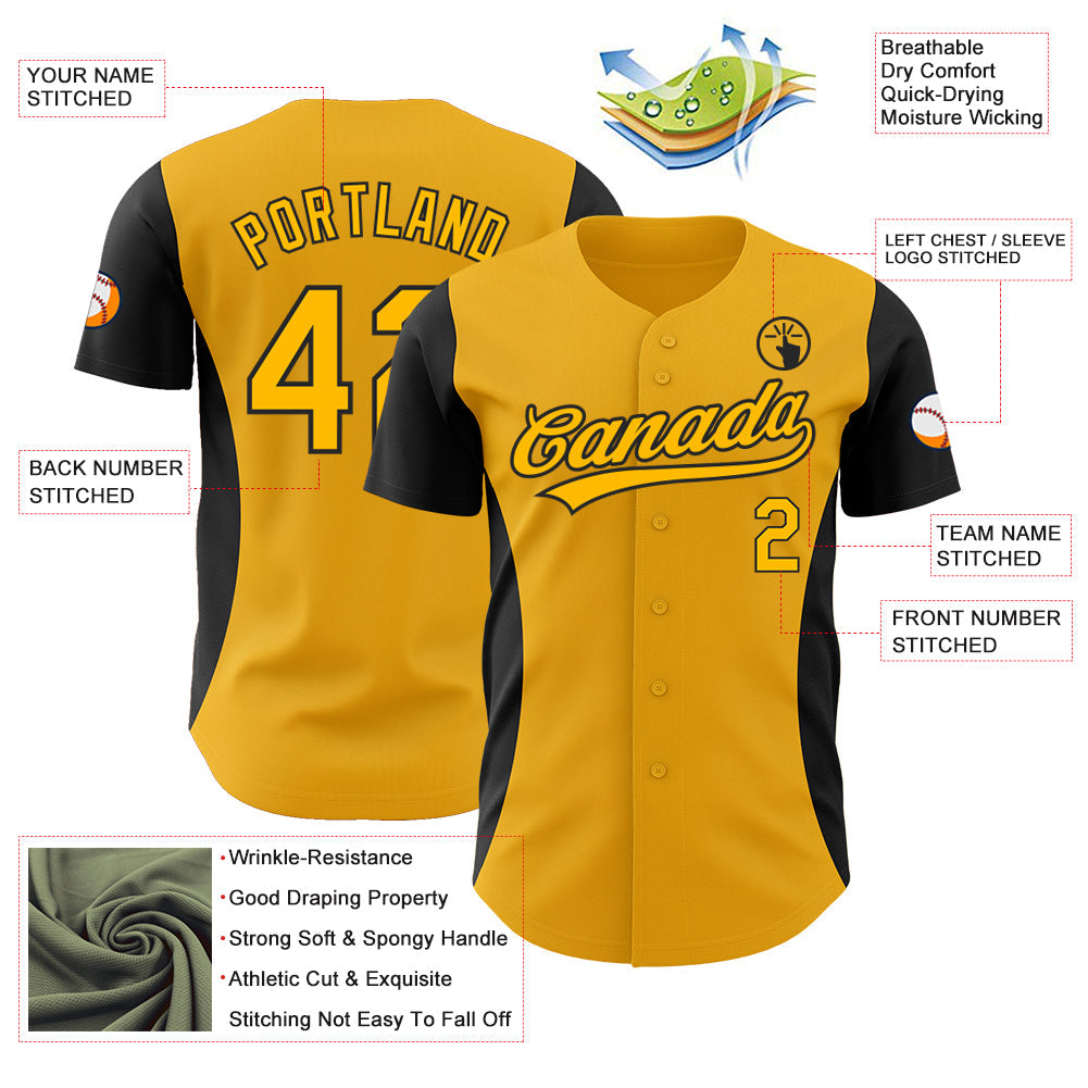 Custom Gold Black 3D Pattern Design Side Stripes Authentic Baseball Jersey - Sky-Custom